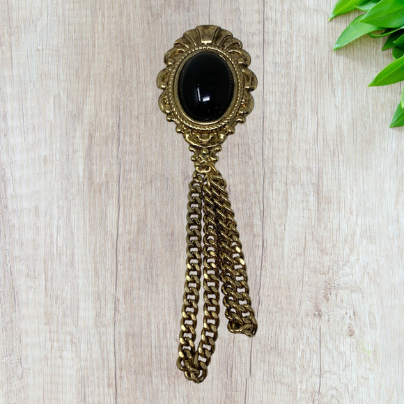 Vintage 1980's Black Cabochon Victorian Style Chain Dangle Brooch Pin - Picture 1 of 4